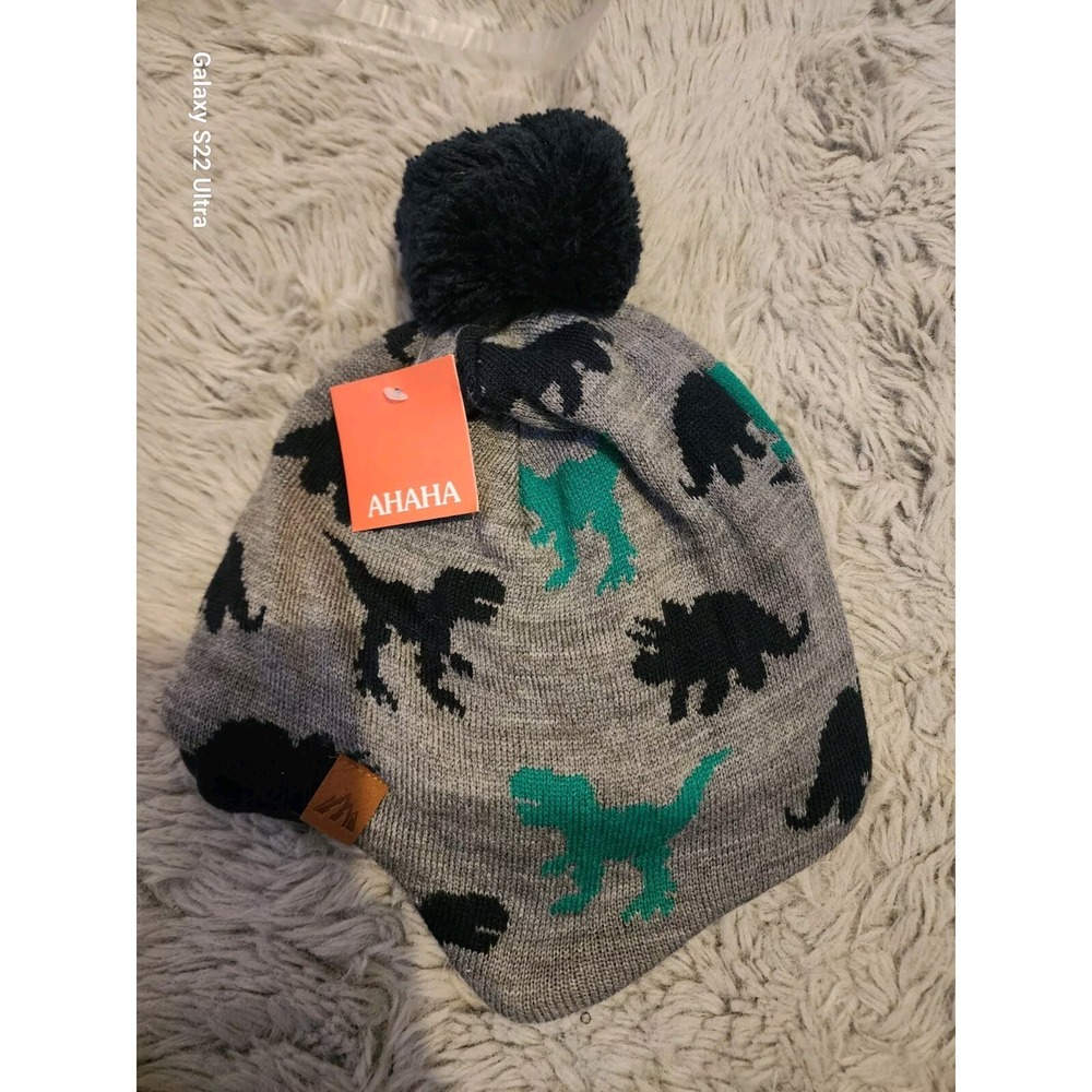 Ahaha Boys Dinosaur Warm Winter Hat Pompon Gray New